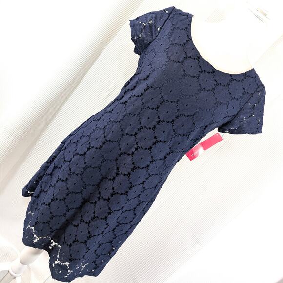 NWT! XHILERATION! NAVY BLUE STRETCH LACE OVER BLUE, BACK GOLD ZIPPER DRESS! SZ M - Picture 1 of 10